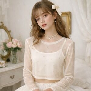 NWT Madden Sheer Pearl Mesh Top XL Romantic Coquette Y2K Angel Cropped Blouse